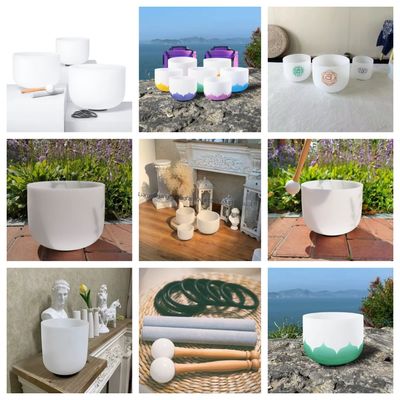 Set de cuencos tibetanos de cristal de cuarzo 99.99% de 8-20 pulgadas en blanco perla transparente para sanación sonora y meditación